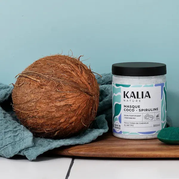 Masque coco-spiruline Kalia Nature soin protéiné et fortifiant pour les cheveux fragilisés et cassants.
