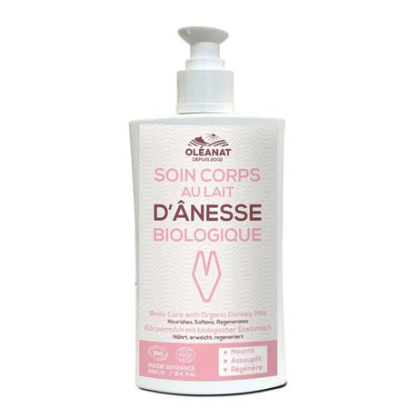 Lait corporel Bio au lait d'ânesse riche en acides gras essentiels restructurants. Oléanat Flacon 250ml 