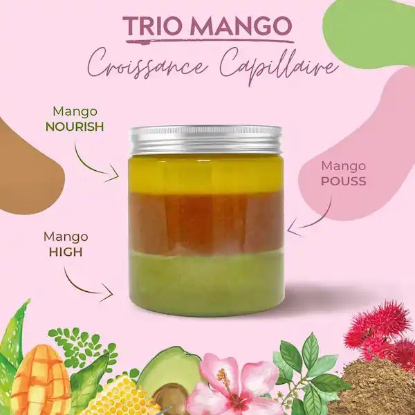 TRIO MANGO spécial croissance de la marque MANGO BUTTERFULL est idéalement conçu avec 3 beurres capillaires Beurre mango Nourish ; Mango Pouss et au Beurre Mango High.