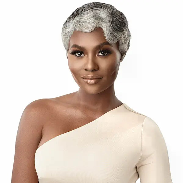 Perruque grise naturelle courte femme Cheveux Humains - Outré Marinette modèle finger wave poivre et sel