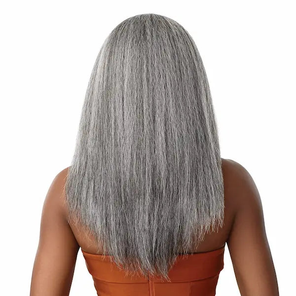 Perruque Lace Front Wig longue et grise vue de dos - Outré Neesha 207 en teinte FF Misty Smoke Gray texture yaki