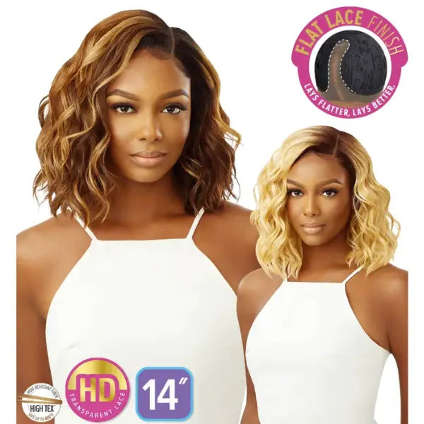 Perruque bob wavy blonde lace front HD transparent pre-plucked en cheveux synthétique SleekLay Part Nyla Outre