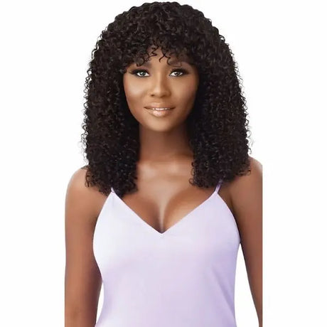 Perruque naturelle bouclée et volumineuse avec frange en cheveux humains 100% vierges. Simona 18 pouces - Outré