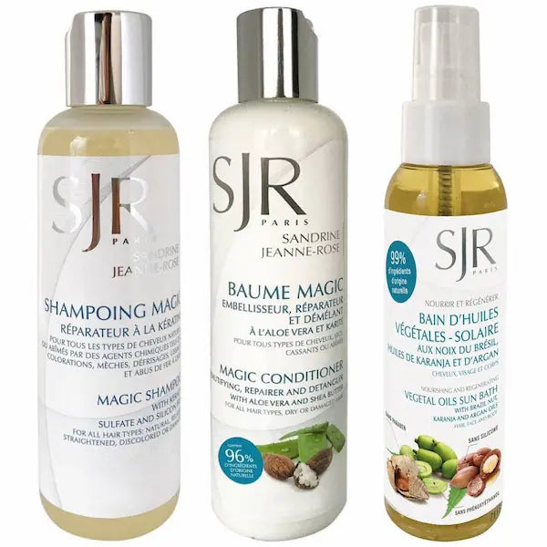SJR Programme Soin Profond à la kératine avec le shampoing Magic, le Baume MAgic, le Bain d'huiles végétales solaire