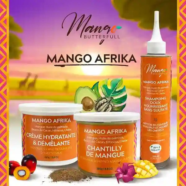 Routine capillaire nourrissante Cheveux secs frisés bouclés, crépus Mango Afrika Mango Butterfull