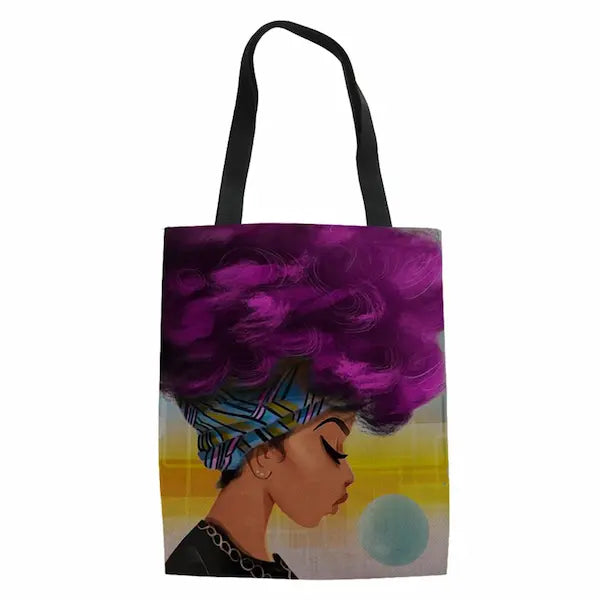 Grand Tote Bag en toile motif afro puff. Sac fourre-tout 34 * 42 cm anses 26cm avec une poche intérieure.