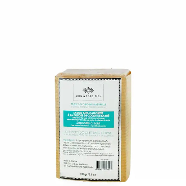 Savon gommant anti-callosités coudes, genoux, pieds à la poudre de noix de Karité & Estragon | Soin & Tradition 