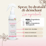 Spray hydratant et démêlant enfant Carolina B, booste la brillance des cheveux, revitalise la fibre capillaire et facilite le coiffage.